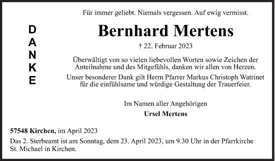 Traueranzeige von Bernhard Mertens von Siegener Zeitung