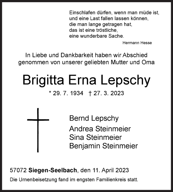 Traueranzeige von Brigitta Erna Lepschy von Siegener Zeitung