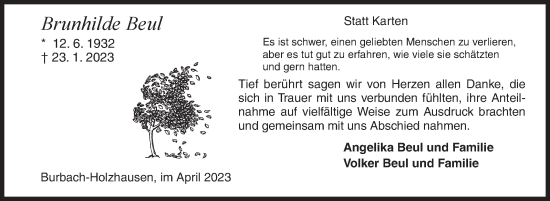 Traueranzeige von Brunhilde Beul von Siegener Zeitung