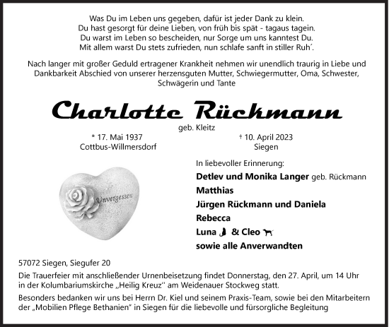 Traueranzeige von Charlotte Rückmann von Siegener Zeitung
