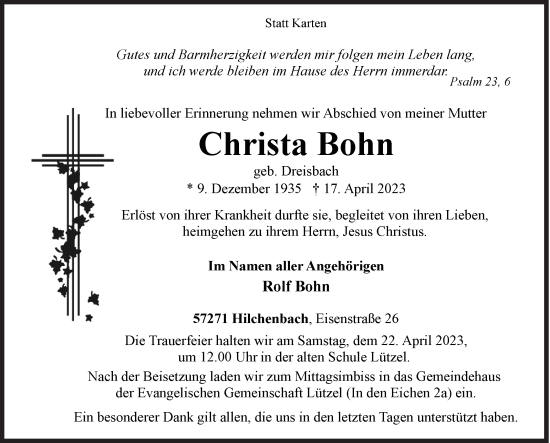 Traueranzeige von Christa Bohn von Siegener Zeitung