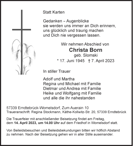 Traueranzeige von Christa Born von Siegener Zeitung