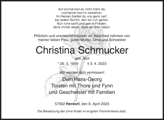 Traueranzeige von Christina Schmucker von Siegener Zeitung