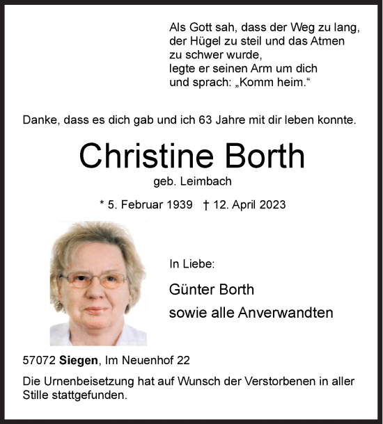 Traueranzeige von Christine Borth von Siegener Zeitung