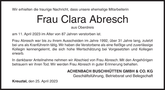 Traueranzeige von Clara Abresch von Siegener Zeitung