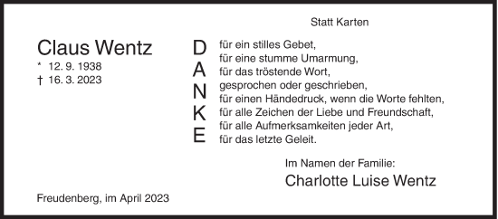 Traueranzeige von Claus Wentz von Siegener Zeitung