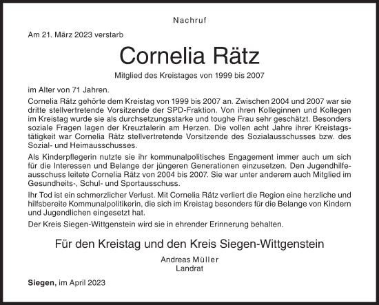Traueranzeige von Cornelia Rätz von Siegener Zeitung