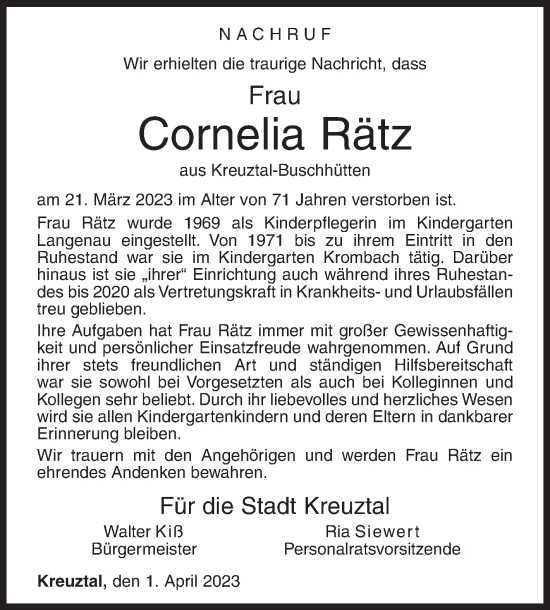 Traueranzeige von Cornelia Rätz von Siegener Zeitung