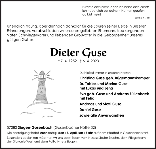 Traueranzeige von Dieter Guse von Siegener Zeitung