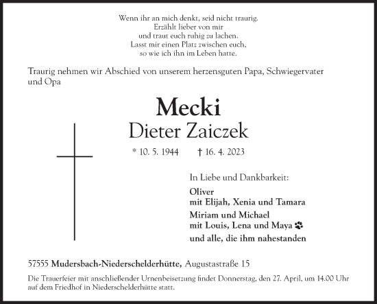 Traueranzeige von Dieter Zaiczek von Siegener Zeitung