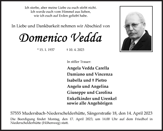 Traueranzeige von Domenico Vedda von Siegener Zeitung
