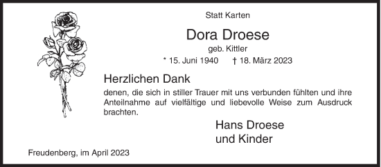 Traueranzeige von Dora Droese von Siegener Zeitung