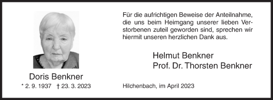Traueranzeige von Doris Benkner von Siegener Zeitung