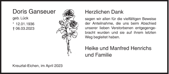 Traueranzeige von Doris Ganseuer von Siegener Zeitung
