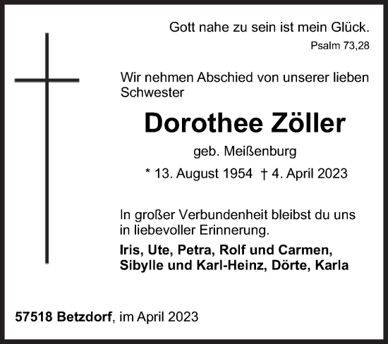Traueranzeige von Dorothee Zöller von Siegener Zeitung