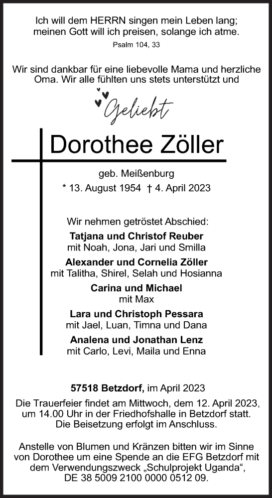 Traueranzeige von Dorothee Zöller von Siegener Zeitung