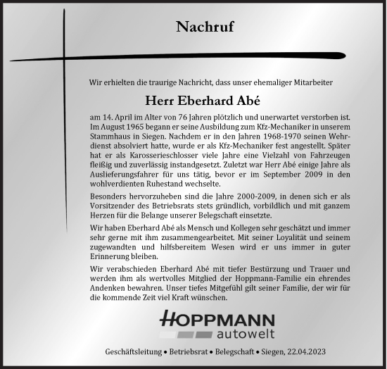 Traueranzeige von Eberhard Abe von Siegener Zeitung
