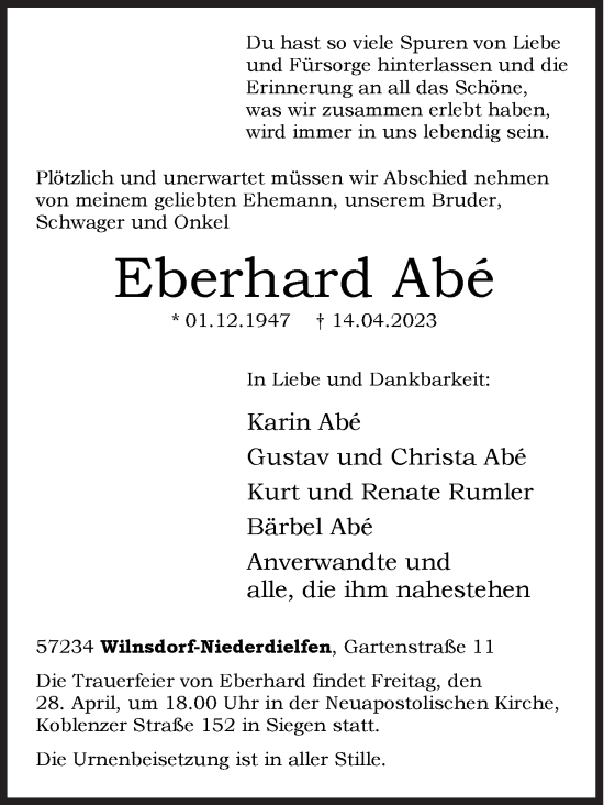 Traueranzeige von Eberhard Abe von Siegener Zeitung