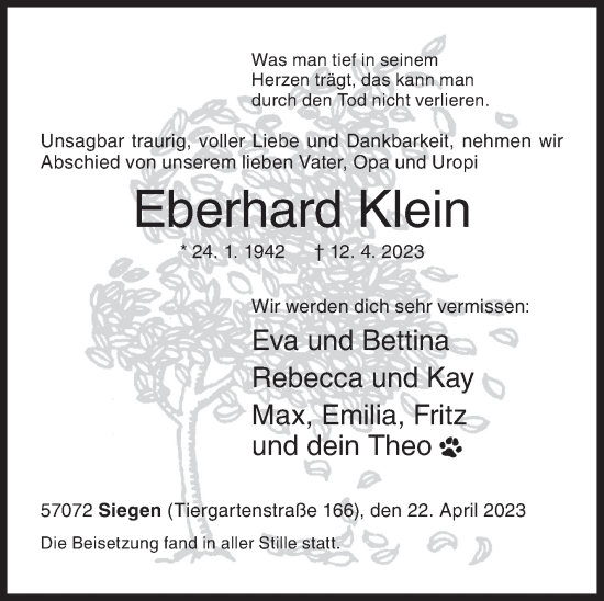 Traueranzeige von Eberhard Klein von Siegener Zeitung