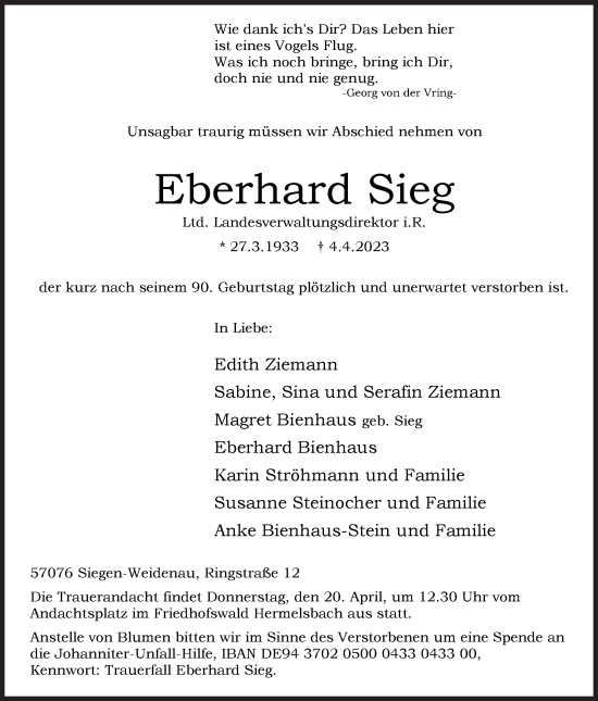 Traueranzeige von Eberhard Sieg von Siegener Zeitung