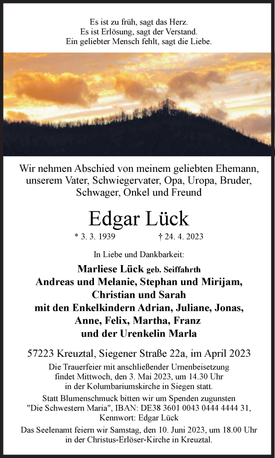 Traueranzeige von Edgar Lück von Siegener Zeitung