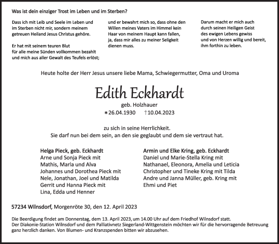 Traueranzeige von Edith Eckhardt von Siegener Zeitung