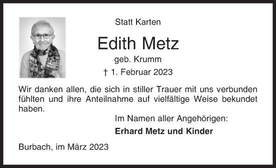 Traueranzeige von Edith Metz von Siegener Zeitung