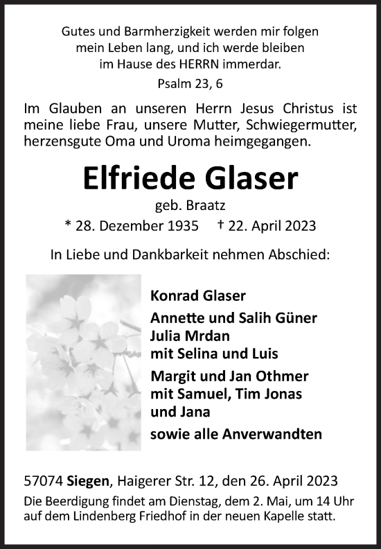 Traueranzeige von Elfriede Glaser von Siegener Zeitung