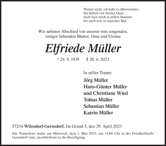 Traueranzeige von Elfriede Müller von Siegener Zeitung