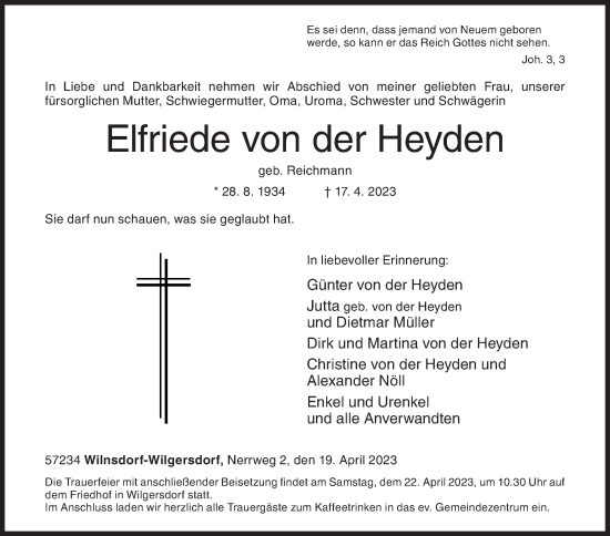 Traueranzeige von Elfriede von der Heyden von Siegener Zeitung