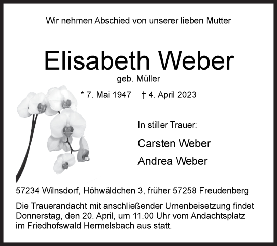 Traueranzeige von Elisabeth Weber von Siegener Zeitung