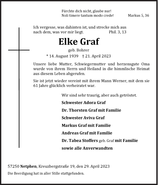 Traueranzeige von Elke Graf von Siegener Zeitung