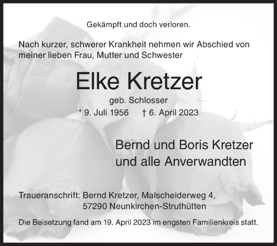 Traueranzeige von Elke Kretzer von Siegener Zeitung