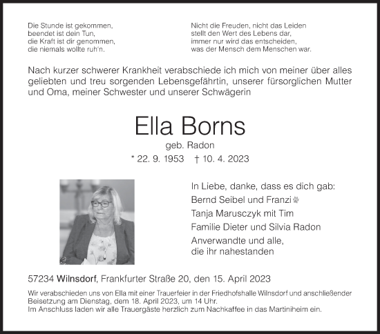 Traueranzeige von Ella Borns von Siegener Zeitung
