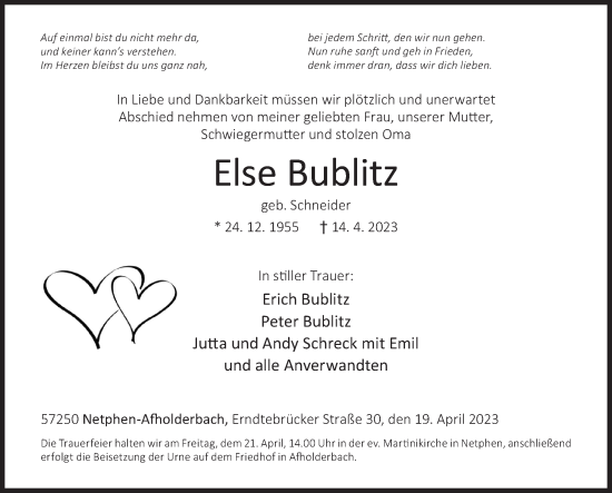 Traueranzeige von Else Bublitz von Siegener Zeitung