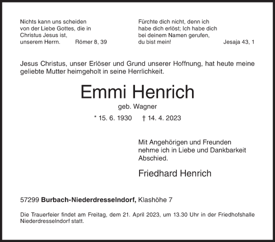 Traueranzeige von Emmi Henrich von Siegener Zeitung
