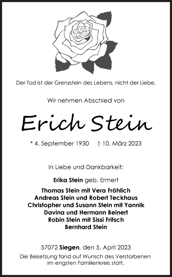 Traueranzeige von Erich Stein von Siegener Zeitung