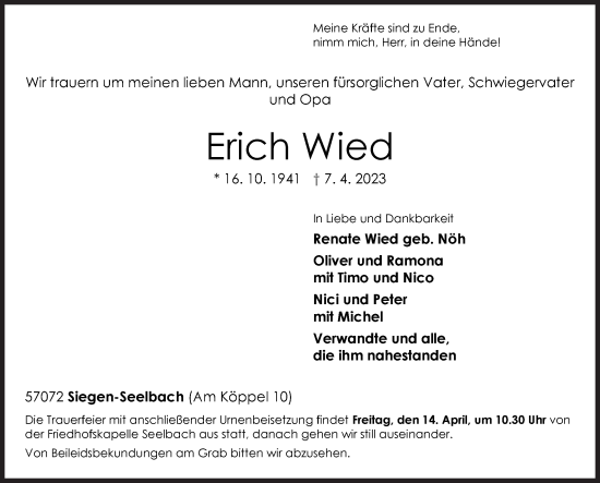 Traueranzeige von Erich Wied von Siegener Zeitung