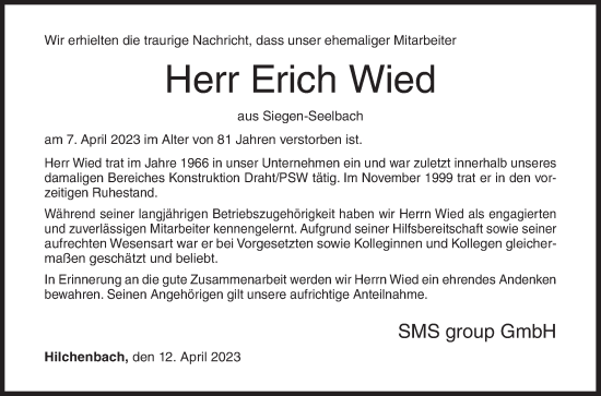 Traueranzeige von Erich Wied von Siegener Zeitung