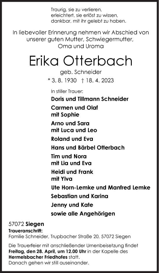 Traueranzeige von Erika Otterbach von Siegener Zeitung