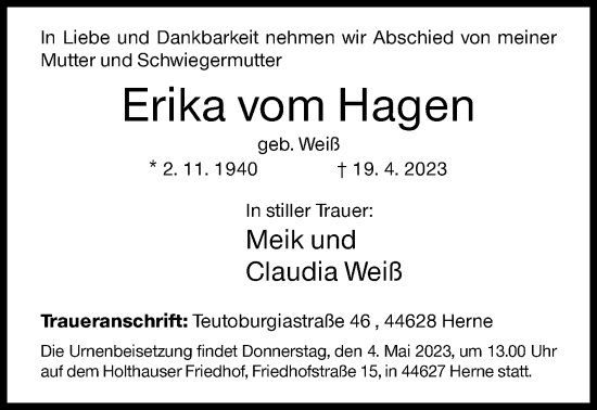 Traueranzeige von Erika vom Hagen von Siegener Zeitung