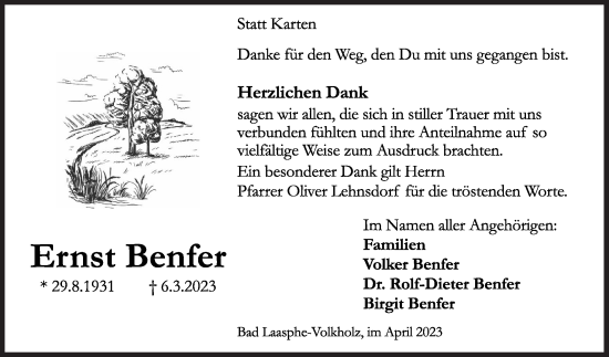 Traueranzeige von Ernst Benfer von Siegener Zeitung