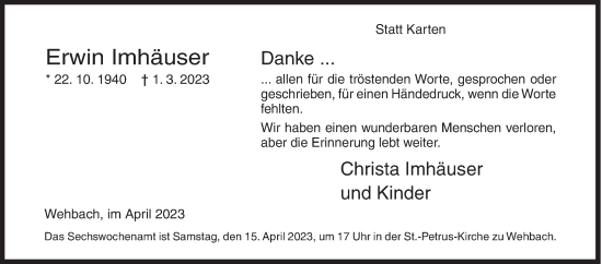 Traueranzeige von Erwin Imhäuser von Siegener Zeitung