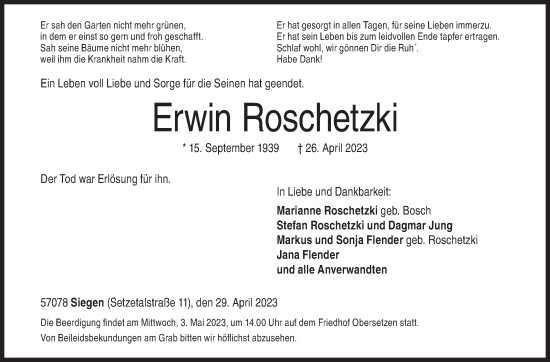 Traueranzeige von Erwin Roschetzki von Siegener Zeitung