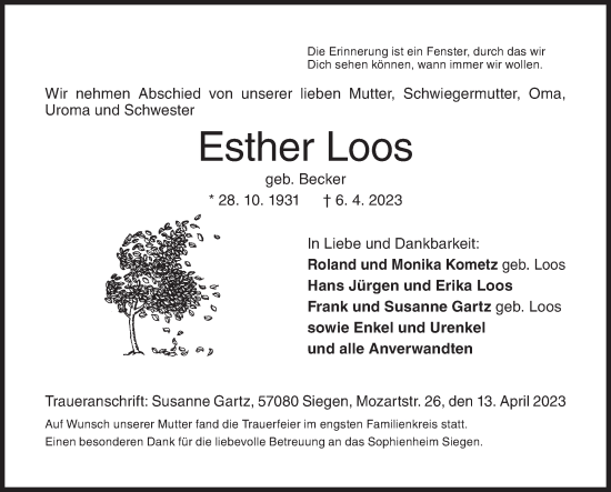 Traueranzeige von Esther Loos von Siegener Zeitung
