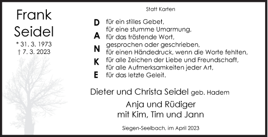 Traueranzeige von Frank Seidel von Siegener Zeitung