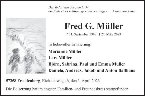 Traueranzeige von Fred G. Müller von Siegener Zeitung