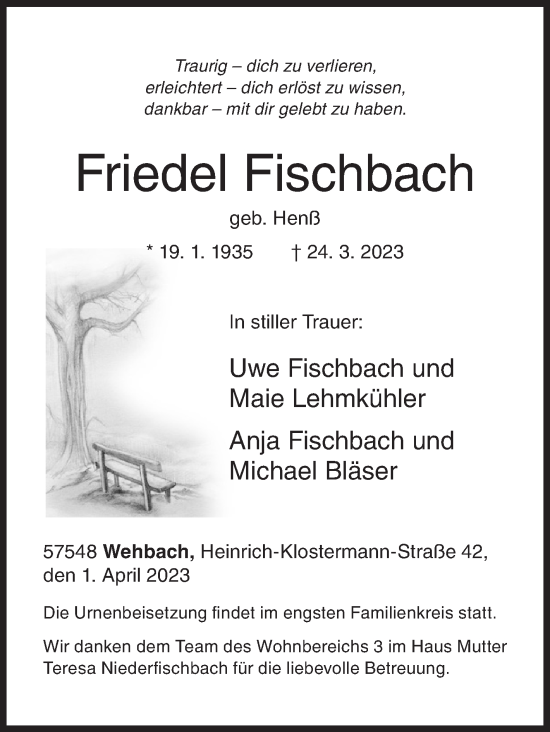 Traueranzeige von Friedel Fischbach von Siegener Zeitung