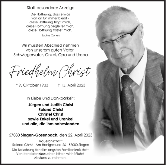 Traueranzeige von Friedhelm Christ von Siegener Zeitung