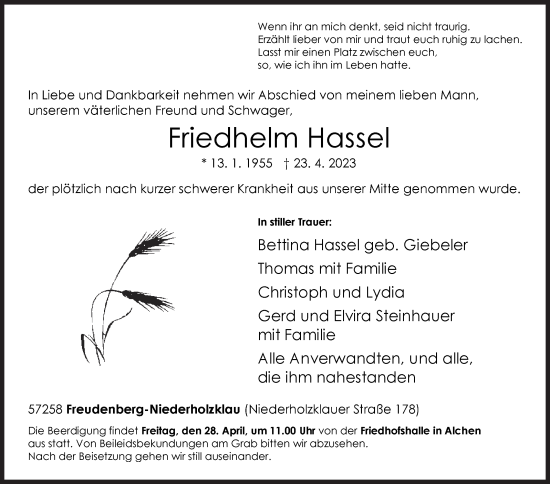 Traueranzeige von Friedhelm Hassel von Siegener Zeitung